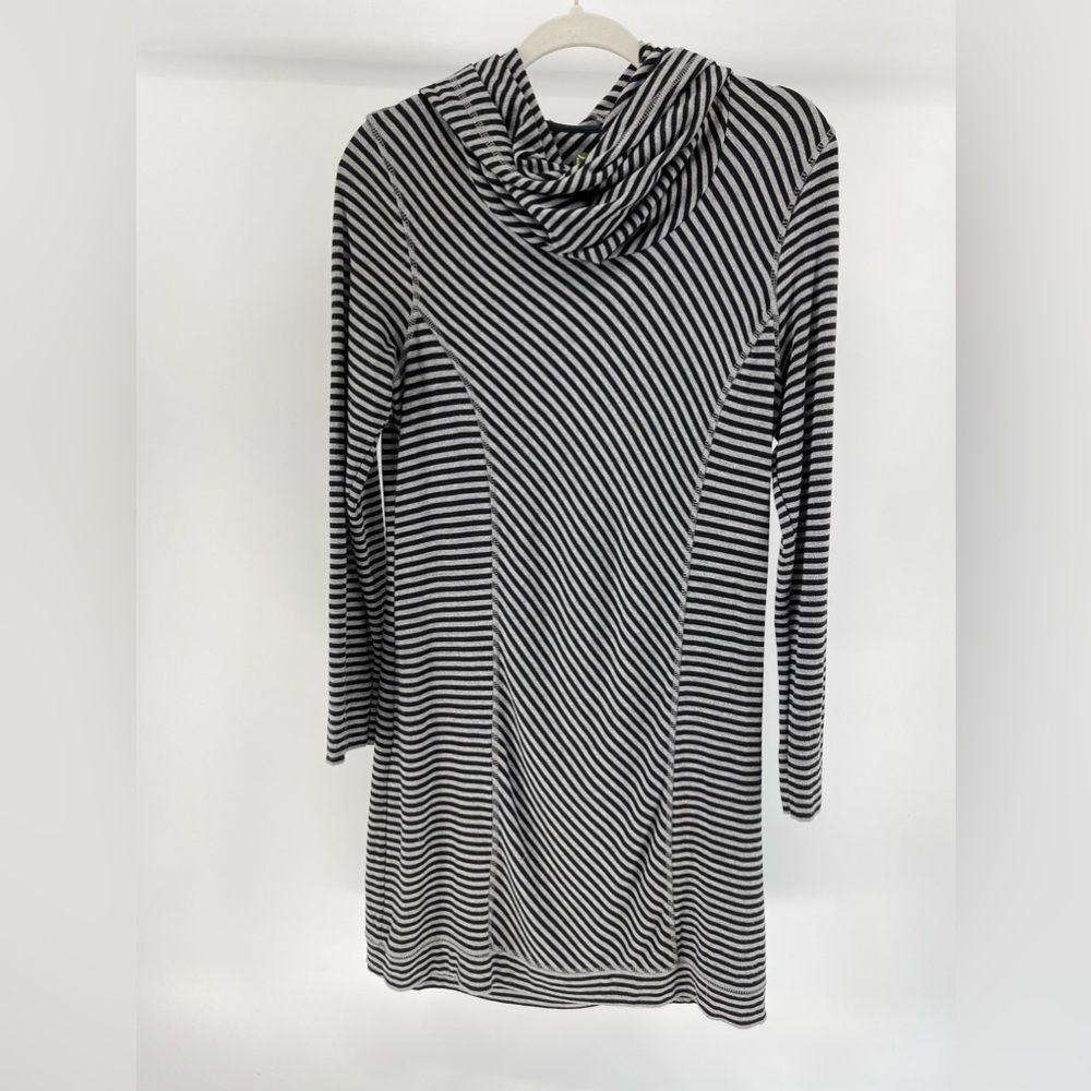 Dakini Grey Black Striped Stretch Jersey Knit Athleisure Dress w/ Hood, Medium